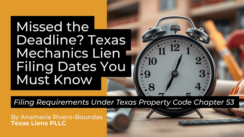 Blog Banner showing clock and construction, with words Texas Mechanics Lien Filing Deadlines Chapter 53
