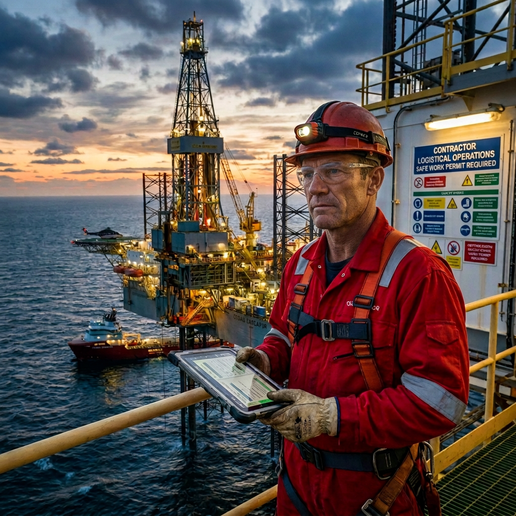 Ocean Explorer offshore drilling platform with support vessels at sunset